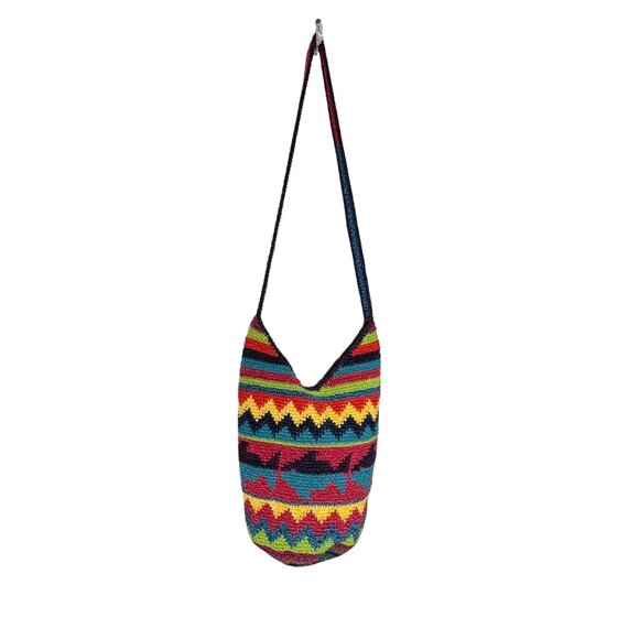 Crochet Shoulder Bag Zigzag Fish Patterned Colorful Long Strap Boho Hippie - Picture 6 of 16